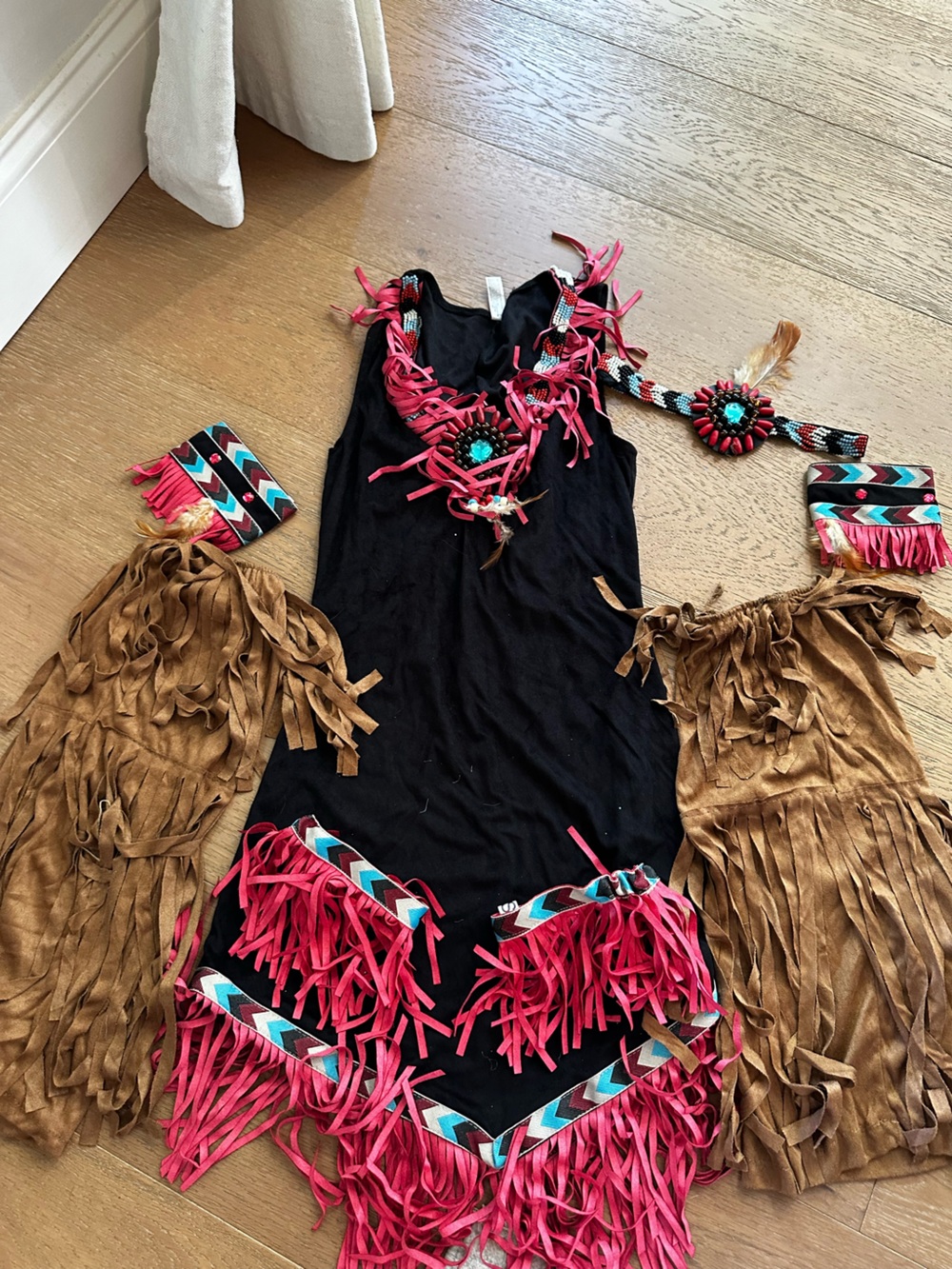 Women’s Pocahontas costume with Pink Fringe & Brown Suede-Style Accents small